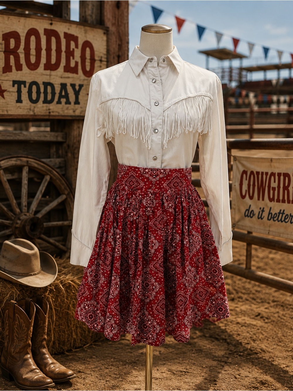 VTG Rough Rider Fringe Western Shirt & Handmade Bandana Skirt Set Medium